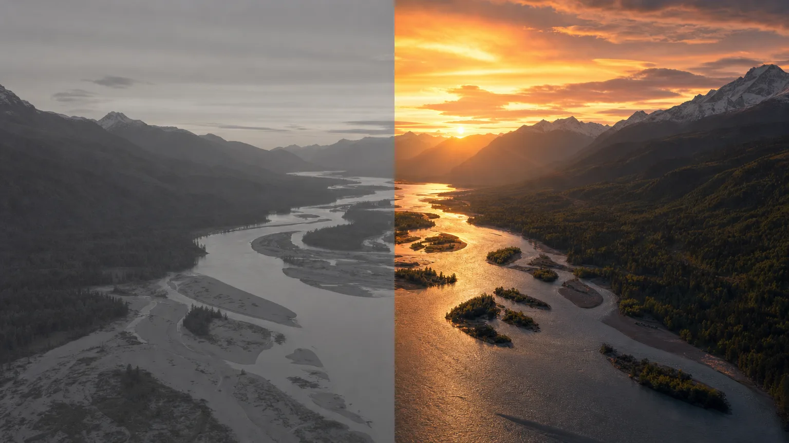 The same aerial river valley shot, flat and ungraded on the left, graded on the right.