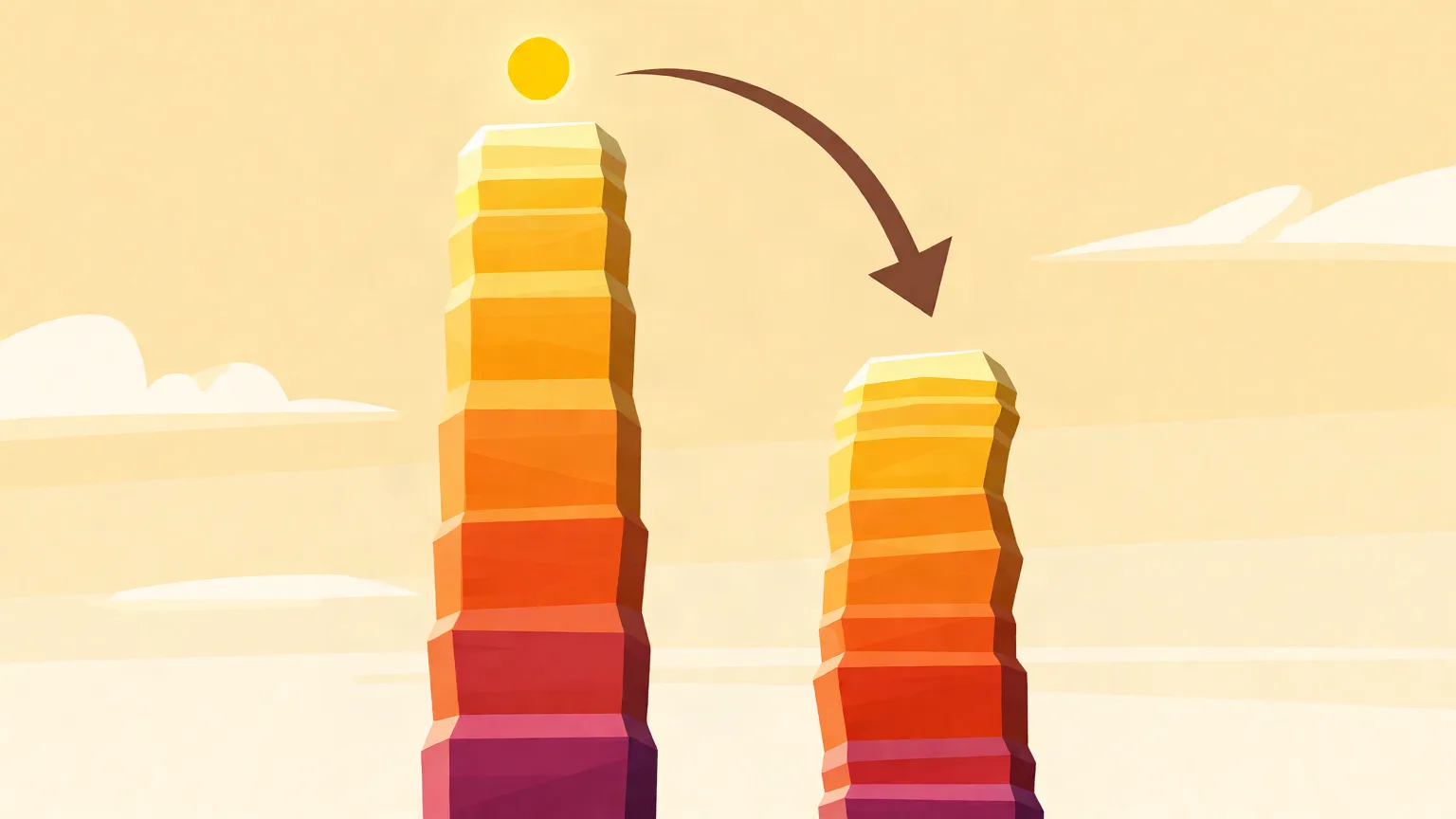 Two stacked brightness ladders side by side, the left one much taller with a sun above it, an arrow curving from its top down to the shorter ladder on the right.