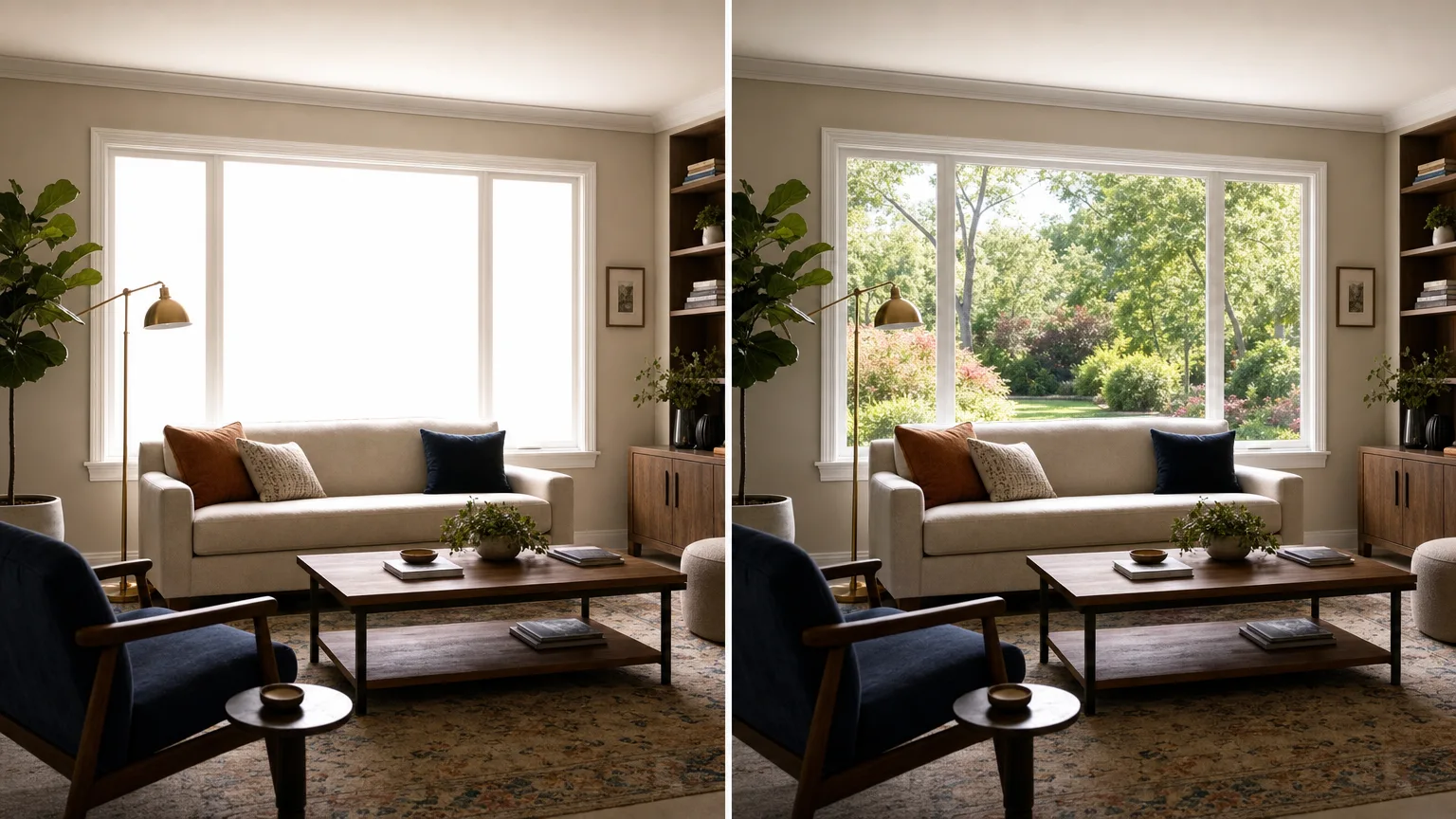The same living room twice: the window blown out to white on the left, the garden visible on the right.