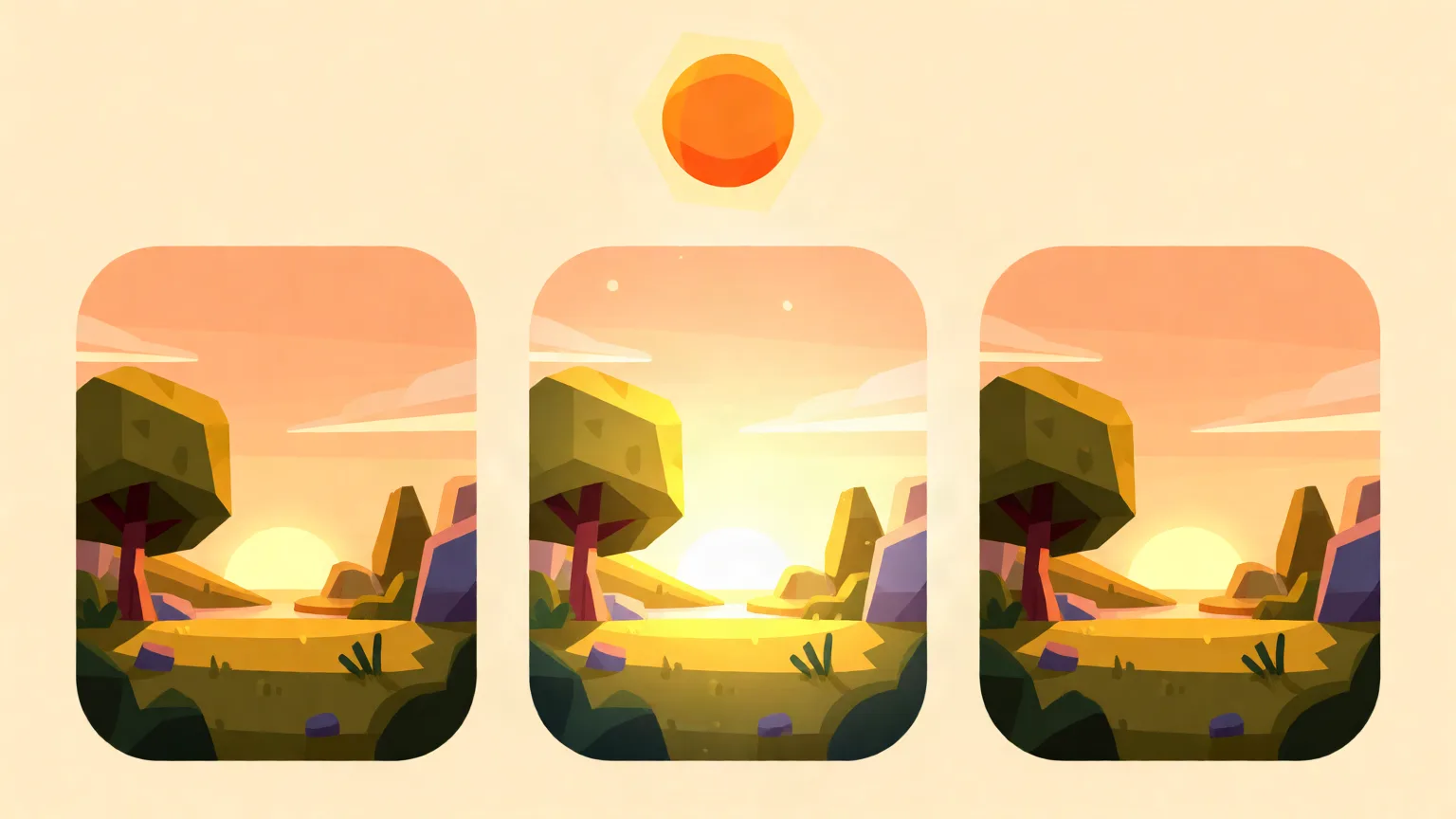Three panels showing the same sunset rendered by three HDR formats.